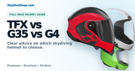 Full-face skydiving helmets comparison: Tonfly TFX, Cookie G35 and Cookie G4