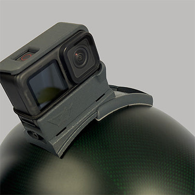 Tonfly quick-release GoPro camera box on its curved helmet base – side view