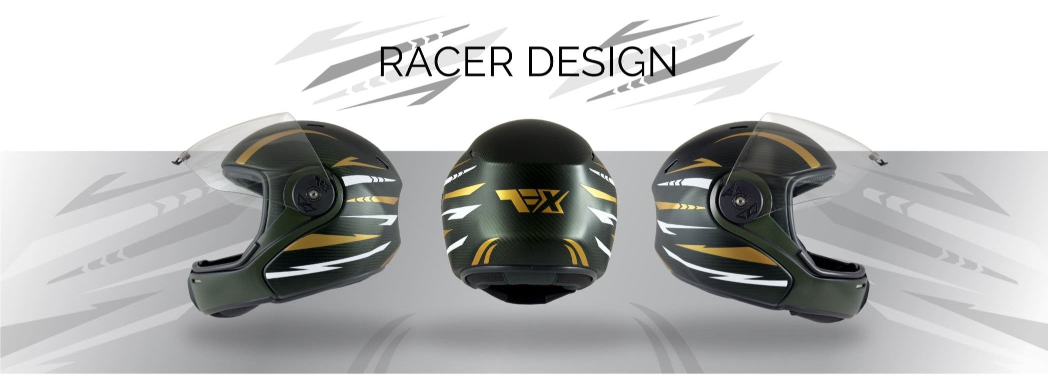 Tonfly TFX in Racer special design — military green shell with gold and white graphic elements, shown in three views