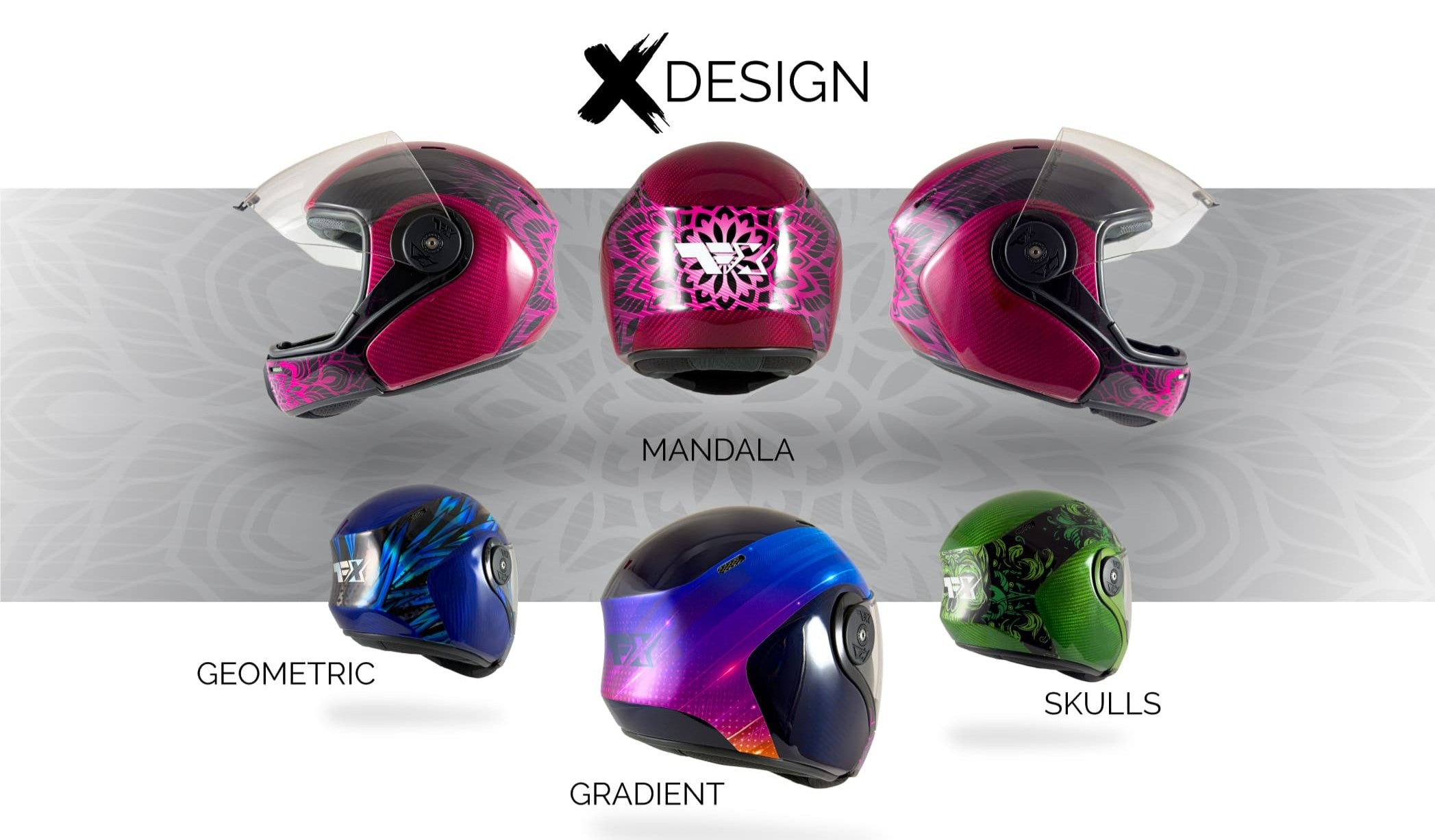 Tonfly TFX X Design collection: Mandala, Geometric, Gradient, and Skulls graphic options