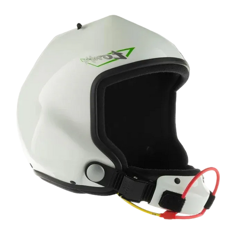 A white open face skydiving helmet