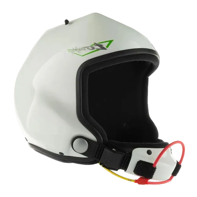 A white open face skydiving helmet