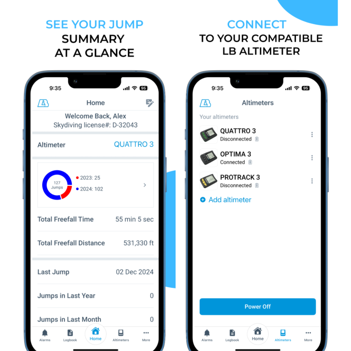 JumpTrack app showing a jump summary and paired LB altimeters