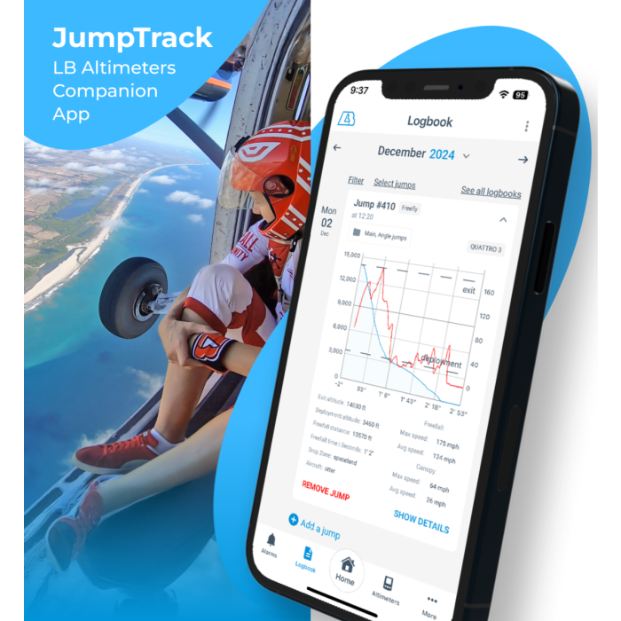 JumpTrack app showing a skydiving jump logbook and detailed jump review