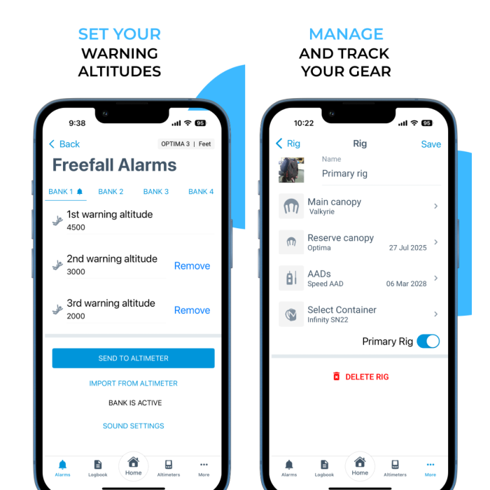 JumpTrack app showing warning-altitude setup and gear tracking