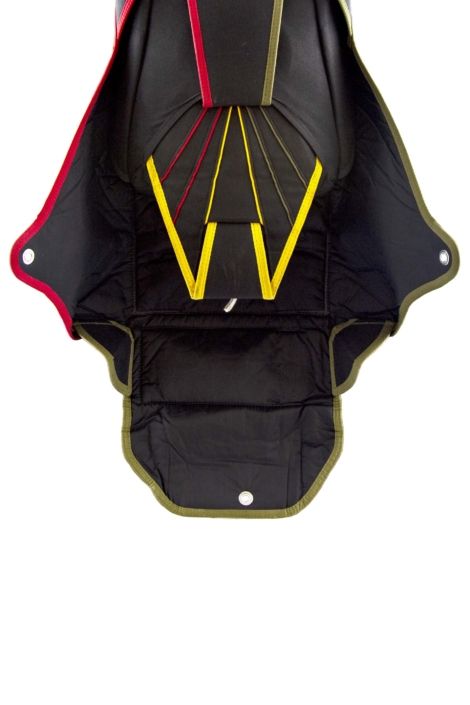 Close-up of the upper container tray showing the folding corner construction used for wingsuit deployments.